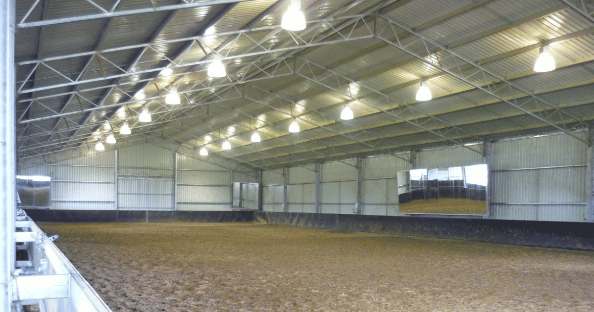 Inside the covered dressage arena at Gwandalan Stables, Scone NSW, with steel trusses, overhead lighting and arena mirrors