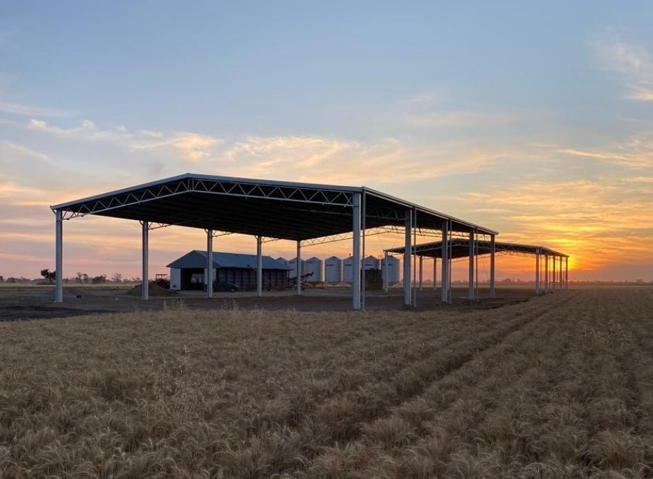 Matching roof-only hay sheds for farm shed in Moree by ABC Sheds