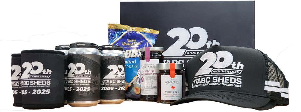 ABC Sheds will send a free 20th anniversary gift box with every shed delivered in 2025.